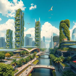 A futuristic city seamlessly integrated with nature, featuring towering skyscrapers made of glass and green materials, lush vertical gardens covering buildings, solar panels on rooftops, and urban parks with vibrant trees and flowers