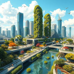 A futuristic city seamlessly integrated with nature, featuring towering skyscrapers made of glass and green materials, lush vertical gardens covering buildings, solar panels on rooftops, and urban parks with vibrant trees and flowers