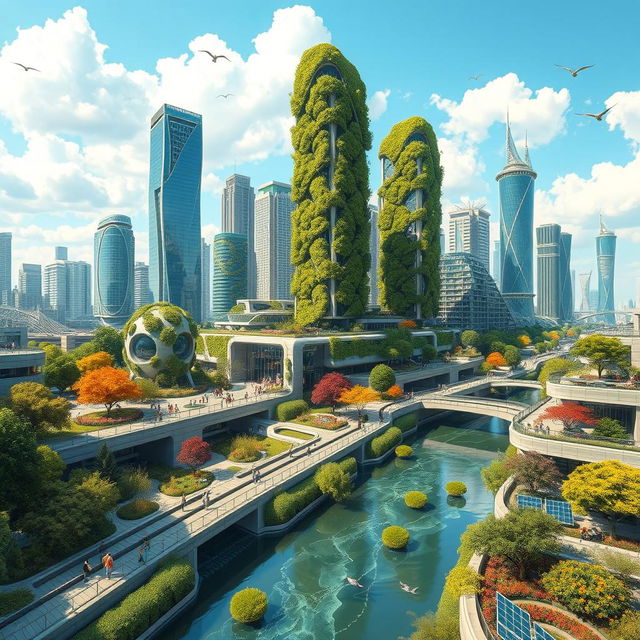 A futuristic city seamlessly integrated with nature, featuring towering skyscrapers made of glass and green materials, lush vertical gardens covering buildings, solar panels on rooftops, and urban parks with vibrant trees and flowers