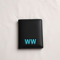 A sleek and modern wallet in a classic black color, featuring the letters 'WW' embossed in a striking turquoise color at the bottom