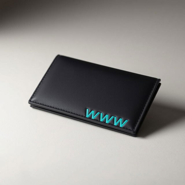 A sleek and modern wallet in a classic black color, featuring the letters 'WW' embossed in a striking turquoise color at the bottom