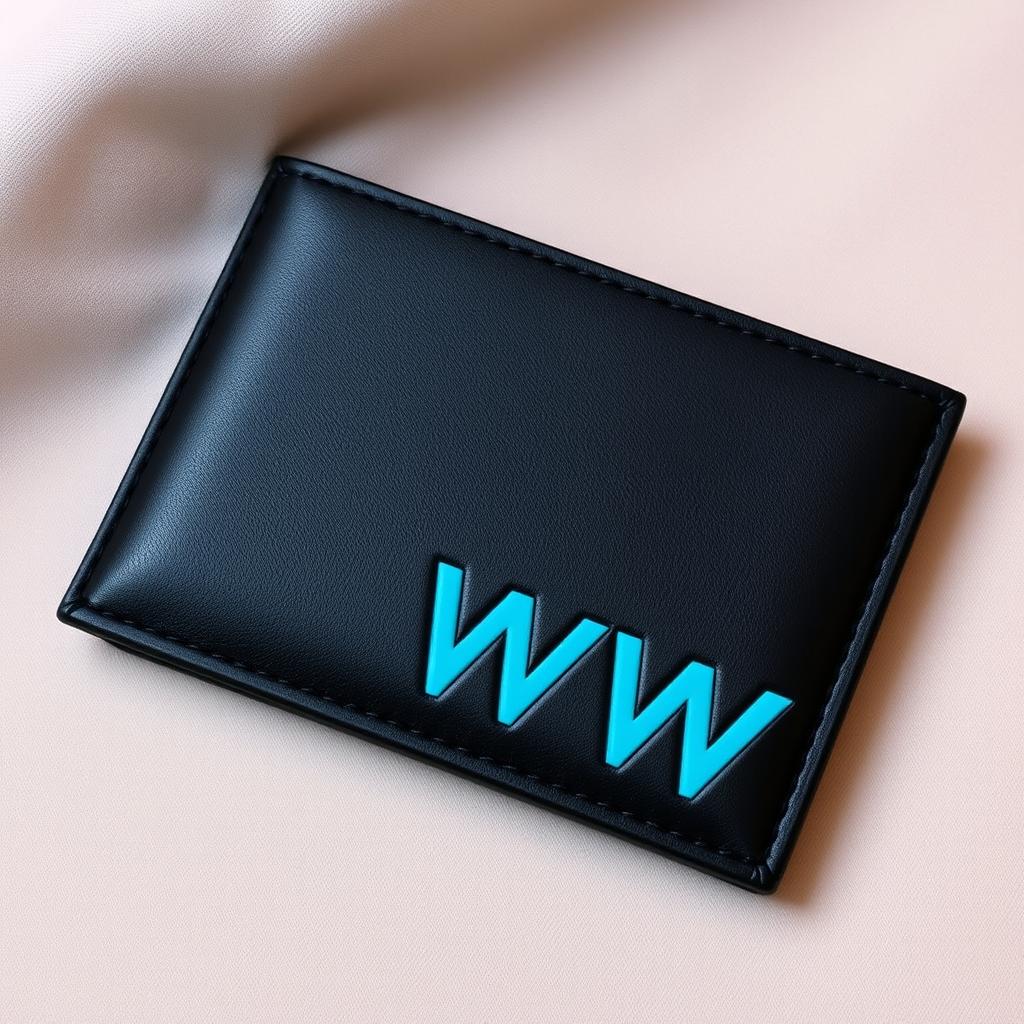 A sleek and modern wallet in a classic black color, featuring the letters 'WW' embossed in a striking turquoise color at the bottom