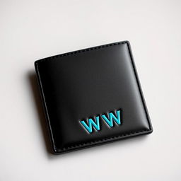 A sleek and modern wallet in a classic black color, featuring the letters 'WW' embossed in a striking turquoise color at the bottom