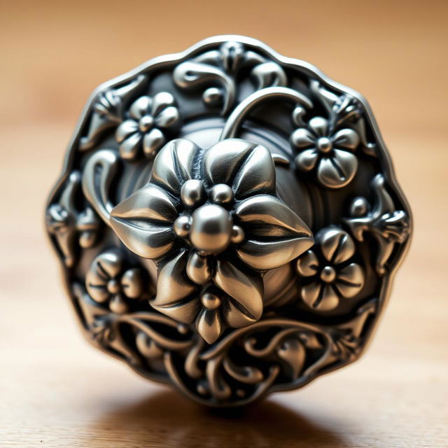 A beautifully designed metal doorknob inspired by the delicate shape and features of the bleeding heart flower, crafted entirely in silver