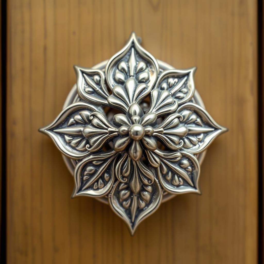 A beautifully designed metal doorknob inspired by the delicate shape and features of the bleeding heart flower, crafted entirely in silver