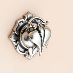 A beautifully crafted metal doorknob inspired by the shape and intricate design of the bleeding heart flower, featuring elegant curves and delicate details, all rendered in a shiny silver finish