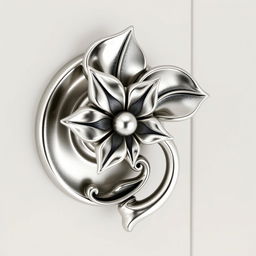 A beautifully crafted metal doorknob inspired by the shape and intricate design of the bleeding heart flower, featuring elegant curves and delicate details, all rendered in a shiny silver finish