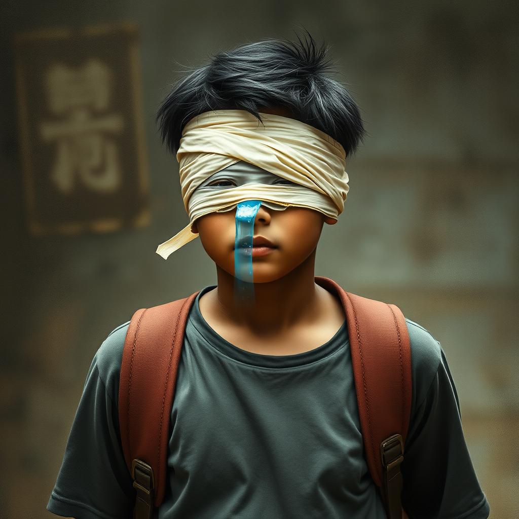 A person walking with a bandage over their eyes, symbolizing a unique interpretation of their surroundings