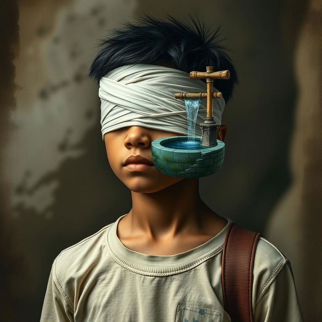 A person walking with a bandage over their eyes, symbolizing a unique interpretation of their surroundings