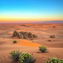 A stunning desert landscape in Iran, showcasing vast stretches of golden sand dunes, scattered rocky formations, and a clear blue sky