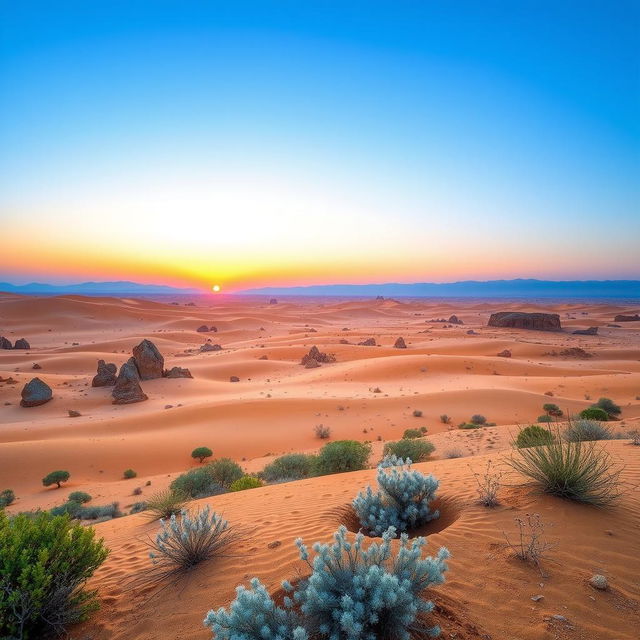 A stunning desert landscape in Iran, showcasing vast stretches of golden sand dunes, scattered rocky formations, and a clear blue sky