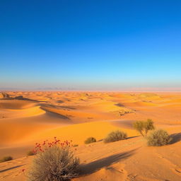 A stunning desert landscape in Iran, showcasing vast stretches of golden sand dunes, scattered rocky formations, and a clear blue sky