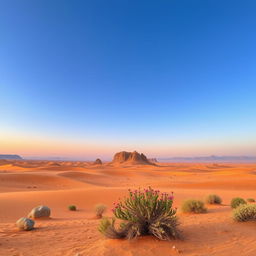 A stunning desert landscape in Iran, showcasing vast stretches of golden sand dunes, scattered rocky formations, and a clear blue sky