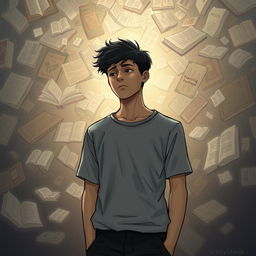 A person standing with a look of disappointment, surrounded by swirling images and illustrations of various books and knowledge in their mind