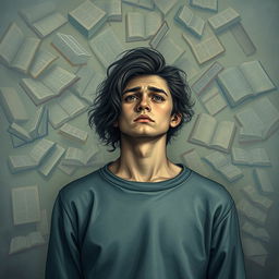 A person standing with a look of disappointment, surrounded by swirling images and illustrations of various books and knowledge in their mind