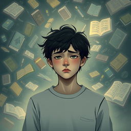 A person standing with a look of disappointment, surrounded by swirling images and illustrations of various books and knowledge in their mind