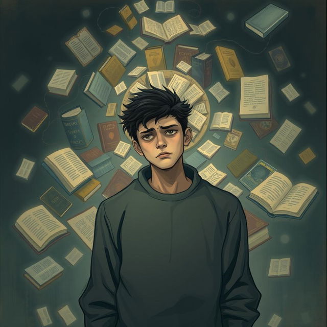 A person standing with a look of disappointment, surrounded by swirling images and illustrations of various books and knowledge in their mind