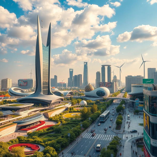 A futuristic view of Tehran in the year 2060, showcasing advanced architecture with sleek skyscrapers and environmentally friendly buildings, bustling streets filled with pedestrians and electric vehicles, lush parks integrated within the urban landscape, automated public transport systems, and vibrant futuristic advertisements