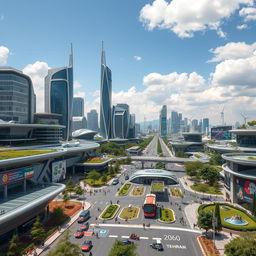 A futuristic view of Tehran in the year 2060, showcasing advanced architecture with sleek skyscrapers and environmentally friendly buildings, bustling streets filled with pedestrians and electric vehicles, lush parks integrated within the urban landscape, automated public transport systems, and vibrant futuristic advertisements