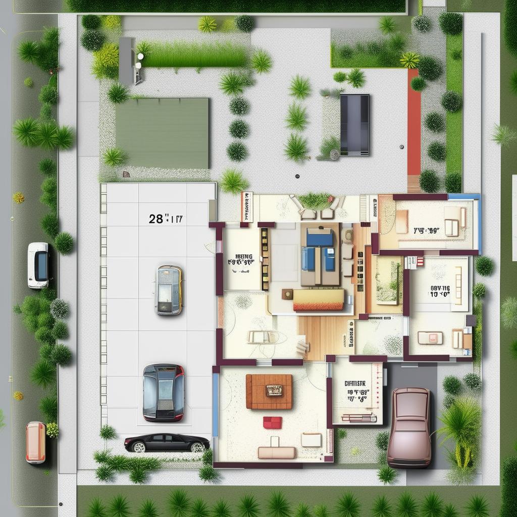 A detailed 2BHK house plan with a 28 feet width and 50 feet length. The design should incorporate a parking area suitable for a car.