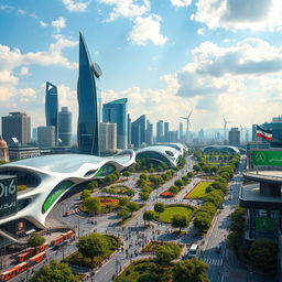 A futuristic view of Tehran in the year 2060, showcasing advanced architecture with sleek skyscrapers and environmentally friendly buildings, bustling streets filled with pedestrians and electric vehicles, lush parks integrated within the urban landscape, automated public transport systems, and vibrant futuristic advertisements