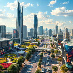 A futuristic view of Tehran in the year 2060, showcasing advanced architecture with sleek skyscrapers and environmentally friendly buildings, bustling streets filled with pedestrians and electric vehicles, lush parks integrated within the urban landscape, automated public transport systems, and vibrant futuristic advertisements