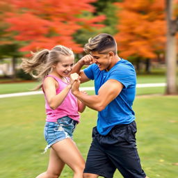 A dynamic scene depicting an energetic fight between a boy and a girl in a playful manner