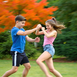 A dynamic scene depicting an energetic fight between a boy and a girl in a playful manner