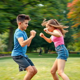 A dynamic scene depicting an energetic fight between a boy and a girl in a playful manner