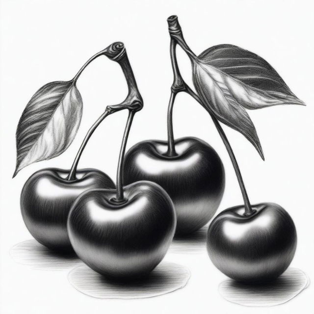 A black and white pencil drawing of cherries