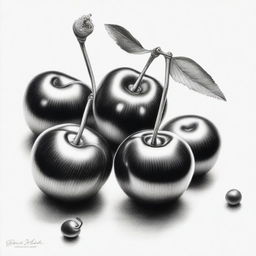 A black and white pencil drawing of cherries