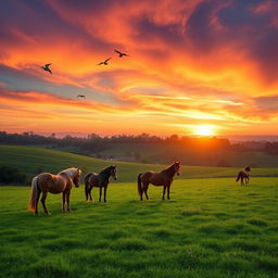 A scenic landscape featuring lush green land under a stunning sunset