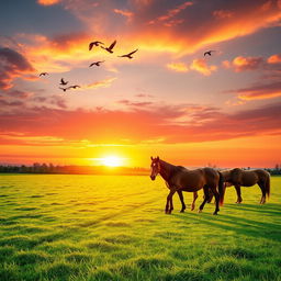 A scenic landscape featuring lush green land under a stunning sunset