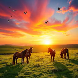 A scenic landscape featuring lush green land under a stunning sunset
