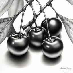 A black and white pencil drawing of cherries