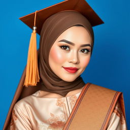 A graduation photo featuring a woman with a full yet natural makeup look