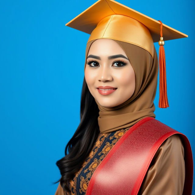 A graduation photo featuring a woman with a full yet natural makeup look