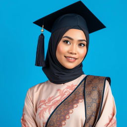 A graduation photo featuring a woman with a full yet natural makeup look