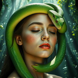 A surreal and captivating image of a person with a snake coiled around their head, its scales glistening in the light