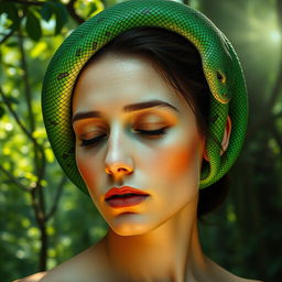 A surreal and captivating image of a person with a snake coiled around their head, its scales glistening in the light