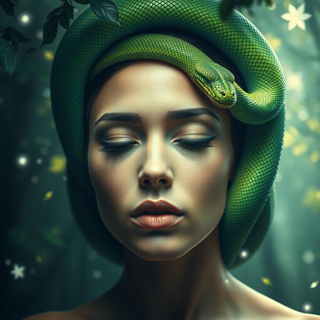 A surreal and captivating image of a person with a snake coiled around their head, its scales glistening in the light