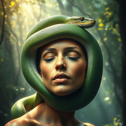 A surreal and captivating image of a person with a snake coiled around their head, its scales glistening in the light
