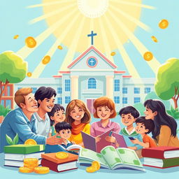 A vibrant and heartfelt illustration representing the concept of education financing through EMI payments for schools