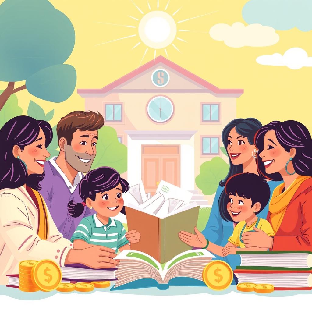 A vibrant and heartfelt illustration representing the concept of education financing through EMI payments for schools