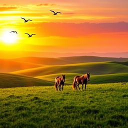 A picturesque landscape featuring vibrant green rolling hills as the background, illuminated by a stunning sunset with warm hues of orange, pink, and purple fading into the sky