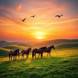 A picturesque landscape featuring vibrant green rolling hills as the background, illuminated by a stunning sunset with warm hues of orange, pink, and purple fading into the sky