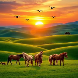 A picturesque landscape featuring vibrant green rolling hills as the background, illuminated by a stunning sunset with warm hues of orange, pink, and purple fading into the sky