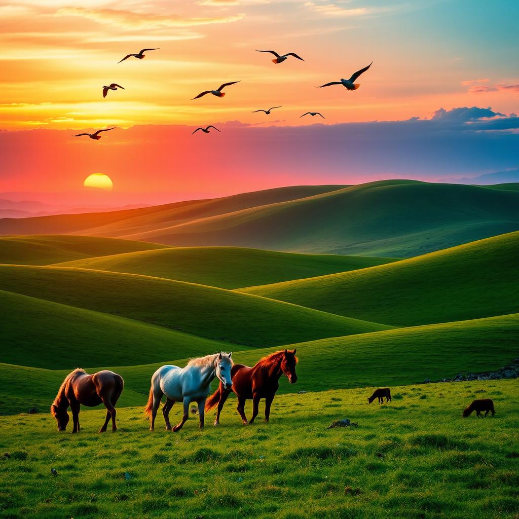 A picturesque landscape featuring vibrant green rolling hills as the background, illuminated by a stunning sunset with warm hues of orange, pink, and purple fading into the sky