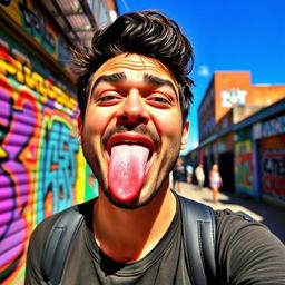 A person sticking out their tongue and making a funny face with crossed eyes