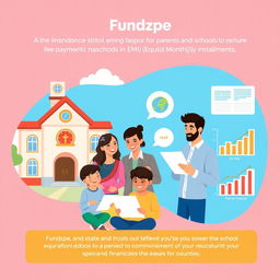 An educational-themed graphic illustrating the concept of 'Fundzpe' as a solution for parents and schools to manage school fee payments in EMI (Equated Monthly Installments)